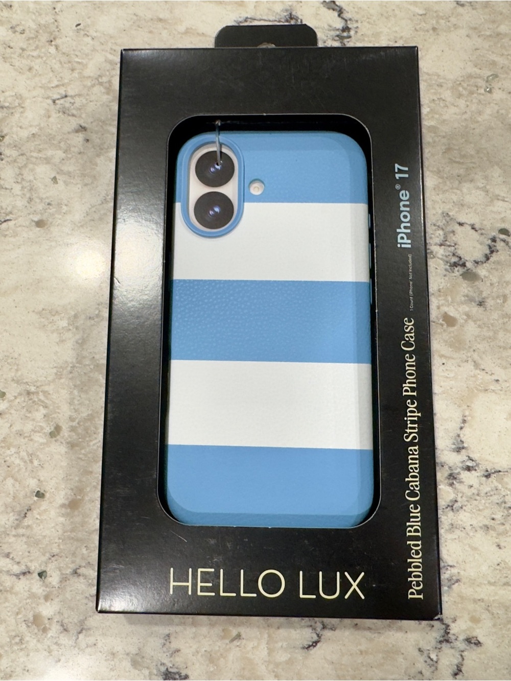 New Hello Lux iPhone 17 Pebbled Blue Cabana Stripe Phone Case